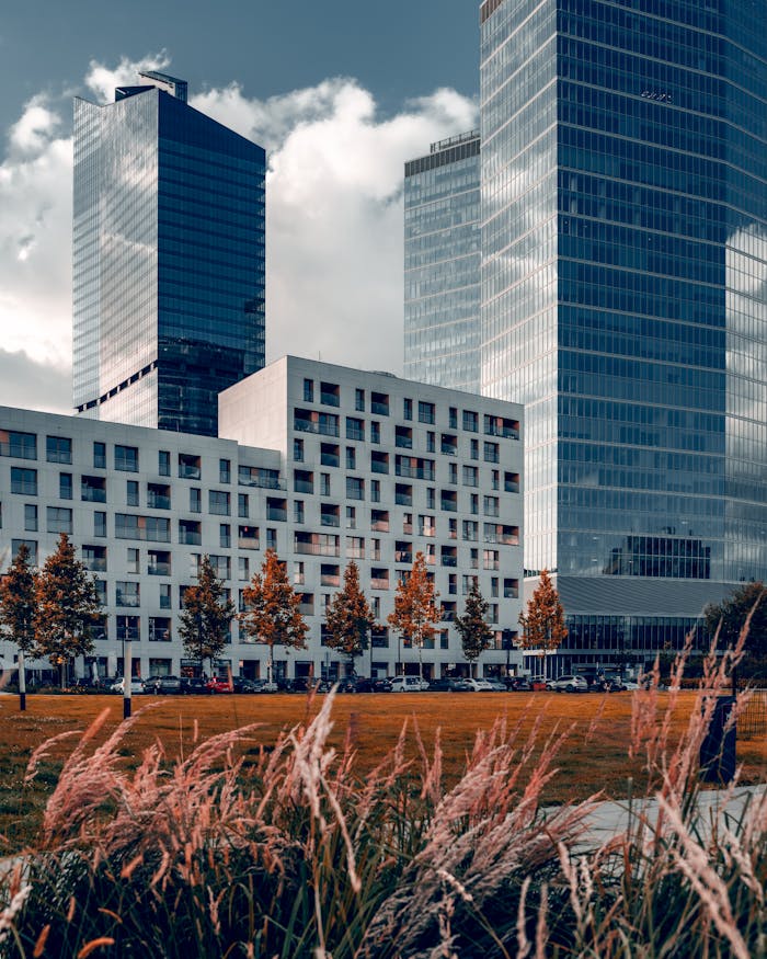 Modern skyscrapers and urban landscape in Warsaw, Poland, showcasing contemporary architecture.